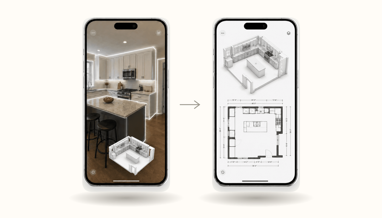 Homeowner scanning a kitchen on their phone, returning a 3D model and measured floor plan