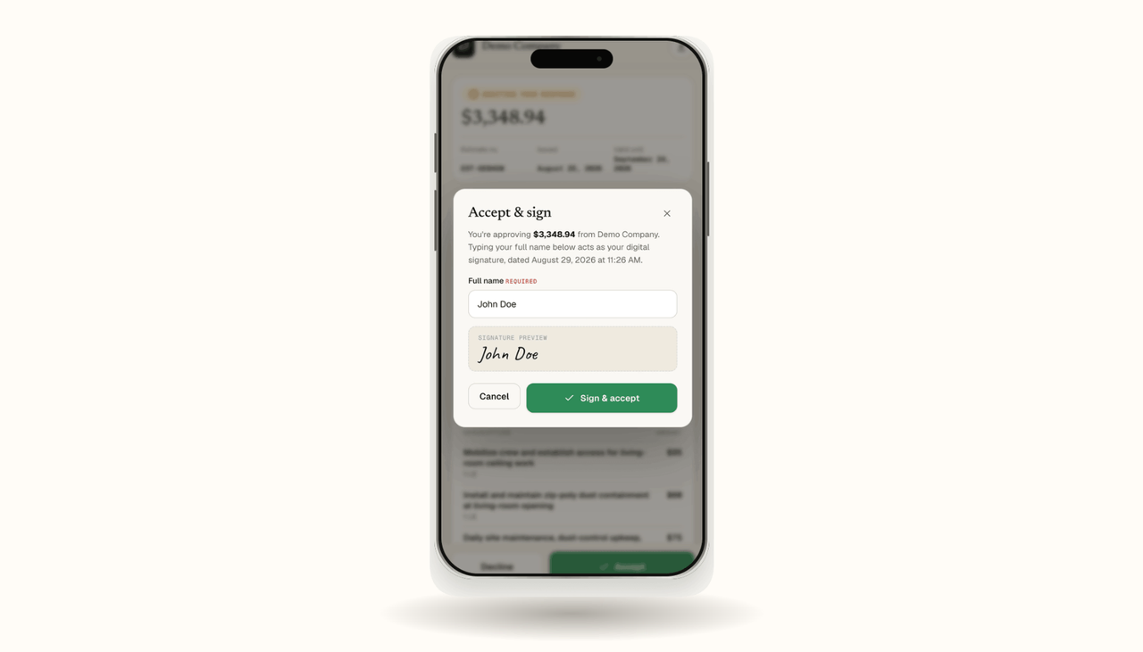 Homeowner signing and accepting an estimate from their phone