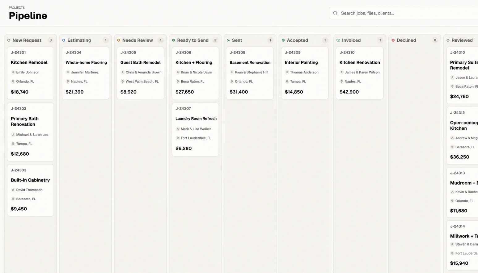Estimado pipeline board showing jobs by stage from new request to invoiced
